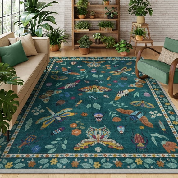 Moynesa Insect 5'x7' Area Rugs Washable Rug for Living Room Soft Natural Bedroom Rug Bug Accent Carpet for Dining Room Nursery Office Stain Resistant Non Slip, Green