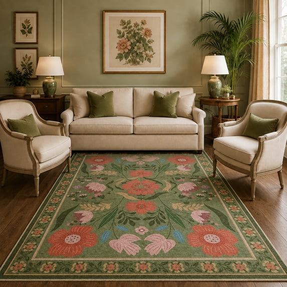 Moynesa 5'x7' Vintage Farmhouse Floral Area Rugs for Living Room, Washable Cottagecore Green Botanical Rugs for Bedroom, Soft Colorful Boho Flower Accent Carpet for Dining Room Nursery Dorm Apartmen