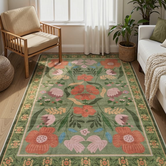 Moynesa 5'x7' Vintage Farmhouse Floral Area Rugs for Living Room, Washable Cottagecore Green Botanical Rugs for Bedroom, Soft Colorful Boho Flower Accent Carpet for Dining Room Nursery Dorm Apartmen