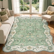 Moynesa 5x7 Vintage Floral Area Rugs for Living Room, Scalloped Non Slip Washable Rug for Bedroom, Distressed Cottage Accent Carpet for Dining Room Sunroom Office, Sage Green