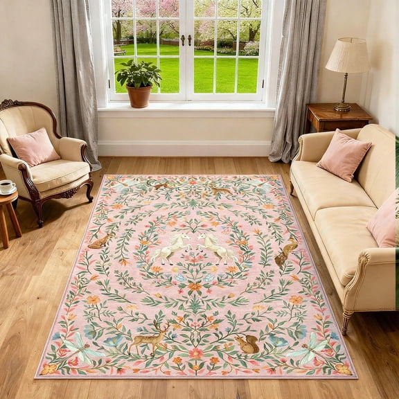 Moynesa 5'x7' Washable Fantasy Garden Area Rugs for Living Room, Vintage Botanical Unicorn Girls Rugs for Bedroom, Animal Accent Carpet for Nursery Playroom, Pink