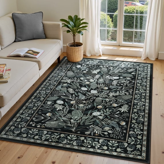 Moynesa 5'x7' Washable Rugs for Living Room, Black Botanical Floral Large Rugs for Bedroom Non-Slip Soft Modern Natural Rugs for Dining Room, Stain Resistant Accent Carpet for Dorm Apartment
