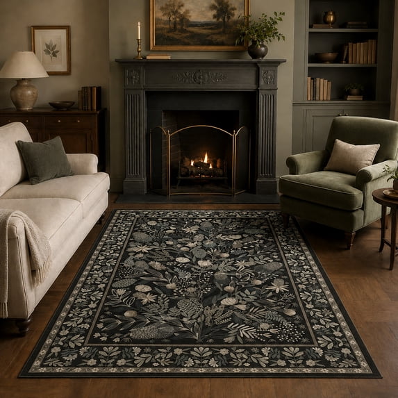 Moynesa 5'x7' Area Rugs for Living Room, Black Botanical Floral Washable Rugs for Bedroom Non-Slip Soft Modern Natural Rugs for Dining Room, Stain Resistant Accent Carpet for Dorm Apartment