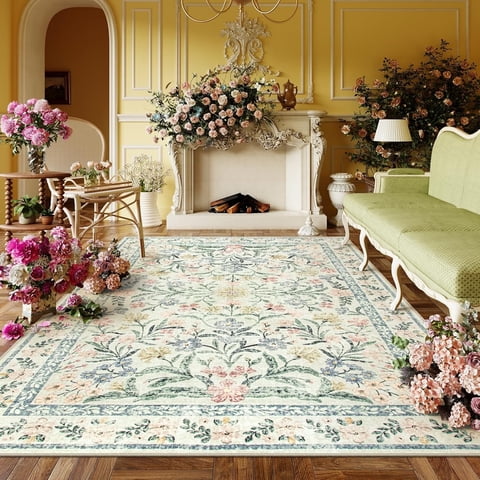Moynesa 5'x7' Washable Rugs for Living Room, Boho Light Beige Floral Rugs for Bedroom Girls Non Slip, Soft Low-Pile Nursery Carpet Rug for Dining Room Indoor,Beige