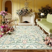 Moynesa 5x7 Washable Rugs for Living Room, Boho Light Beige Floral Rugs for Bedroom Girls Non Slip, Soft Low-Pile Nursery Carpet Rug for Dining Room Indoor,Beige