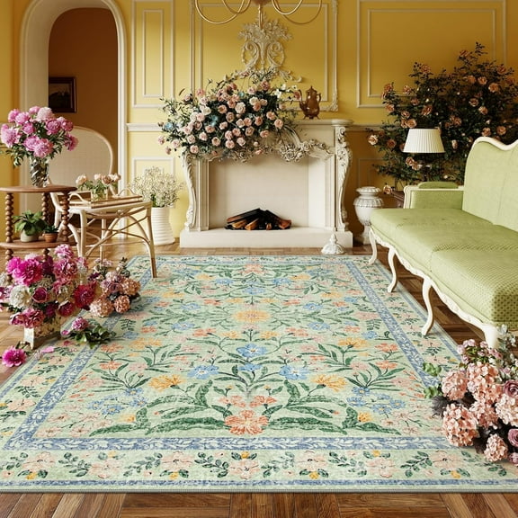 Moynesa 5'x7' Washable Rugs for Living Room, Boho Light Green Floral Rugs for Bedroom Girls Non Slip, Soft Low-Pile Nursery Carpet Rug for Dining Room Indoor,Green