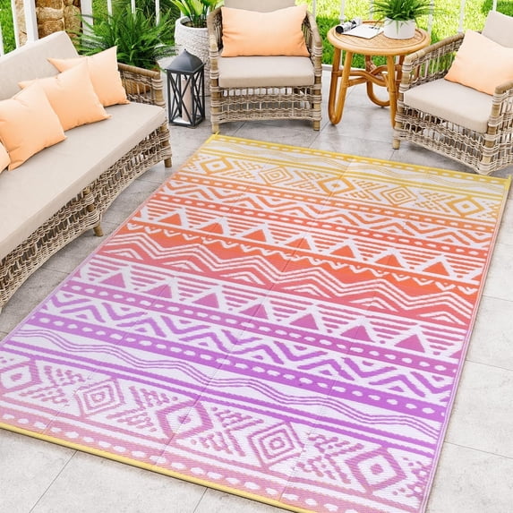 Moynesa Outdoor Rug Waterproof, 5'x8' Lightweight Plastic Straw Rug for Camping RV, Reversible Outside Carpet for Patio Deck Porch Balcony Picnic Tent, Orange/Purple