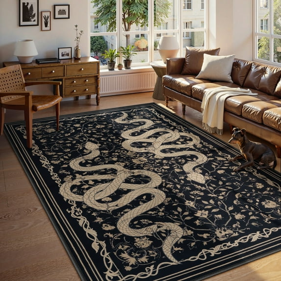 Moynesa 5x7 Washable Area Rug - Snake Rug for Living Room, Non-Slip Soft Bedroom Rugs, Low Pile Indoor Carpet for Dining Room Home Office, Black