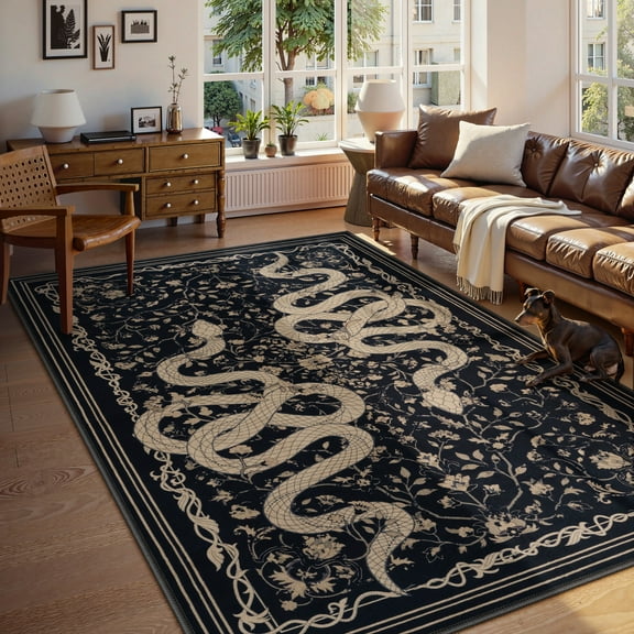 Moynesa 5x7 Washable Area Rug - Snake Rug for Living Room, Non-Slip Soft Bedroom Rugs, Low Pile Indoor Carpet for Dining Room Home Office, Black
