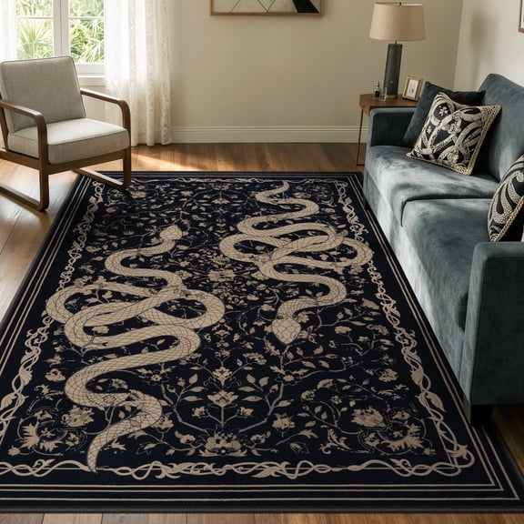 Moynesa 5'x7' Vintage Snake Area Rug, Washable Black Floral Rug for Living Room Bedroom Dining Room Home Office, Botanical Statement Accent Carpet, Ultra Soft Non Slip Stain Resistant Low Pile
