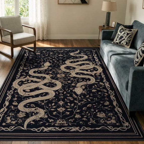Moynesa 5'x7' Vintage Snake Area Rug, Washable Black Floral Rug for Living Room Bedroom Dining Room Home Office, Botanical Statement Accent Carpet, Ultra Soft Non Slip Stain Resistant Low Pile