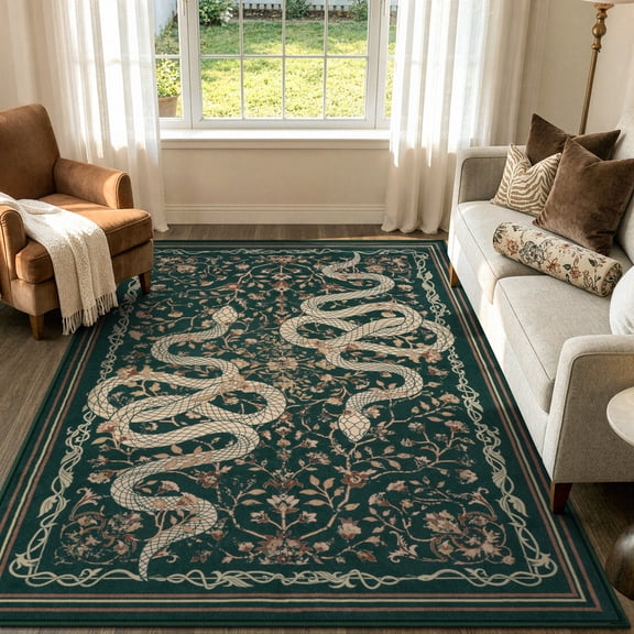 Moynesa 5'x7' Vintage Snake Area Rug, Washable Green Floral Rug for Living Room Bedroom Dining Room Sunroom, Cottage Botanical Accent Carpet, Ultra Soft Non Slip Stain Resistant Low Pile