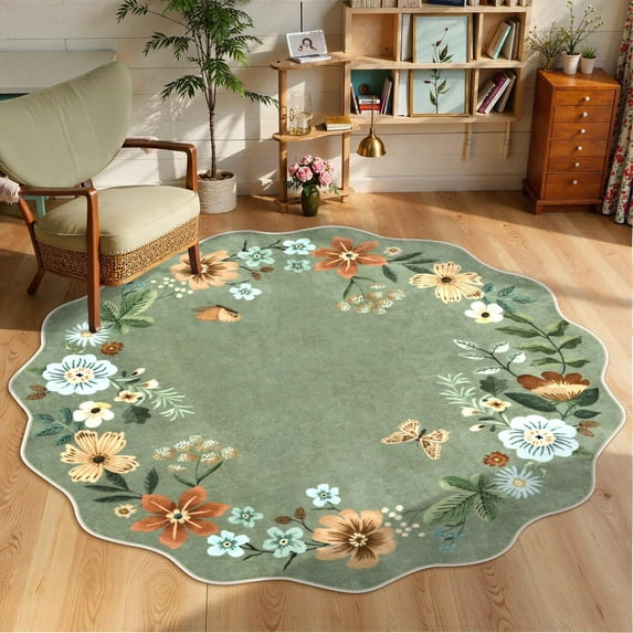 Moynesa 6' Floral Round Area Rug, Washable Rugs for Bedroom Ultra-Thin Soft Rug, Non-Slip Large Boho Circle Carpet for Living Room Kitchen Nursery,Green