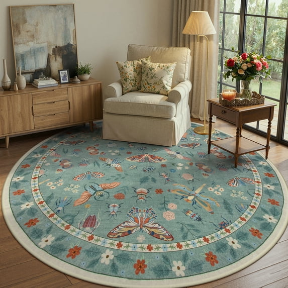 Moynesa 6' Insect Round Area Rug, Washable Round Rugs Ultra-Thin Non-Slip, Vintage Botanical Accent Large Circle Carpet for Living Room Bedroom Dining Room Playroom, Light Green