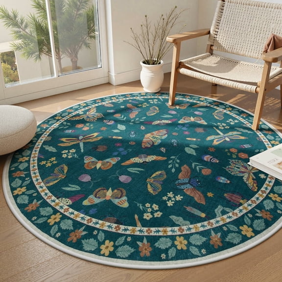 Moynesa 6' Insect Round Area Rug, Washable Round Rugs Ultra-Thin Non-Slip, Vintage Botanical Accent Large Circle Carpet for Living Room Bedroom Dining Room Playroom, Green