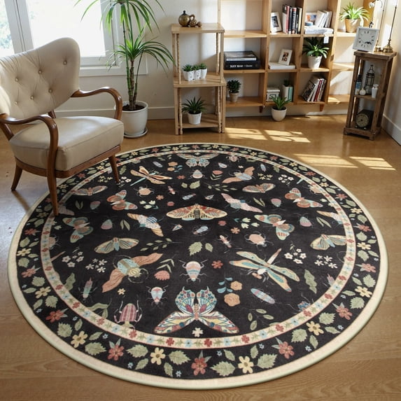 Moynesa 6' Insect Round Area Rug, Washable Round Rugs Ultra-Thin Non-Slip, Vintage Botanical Accent Large Circle Carpet for Living Room Bedroom Dining Room Playroom, Black