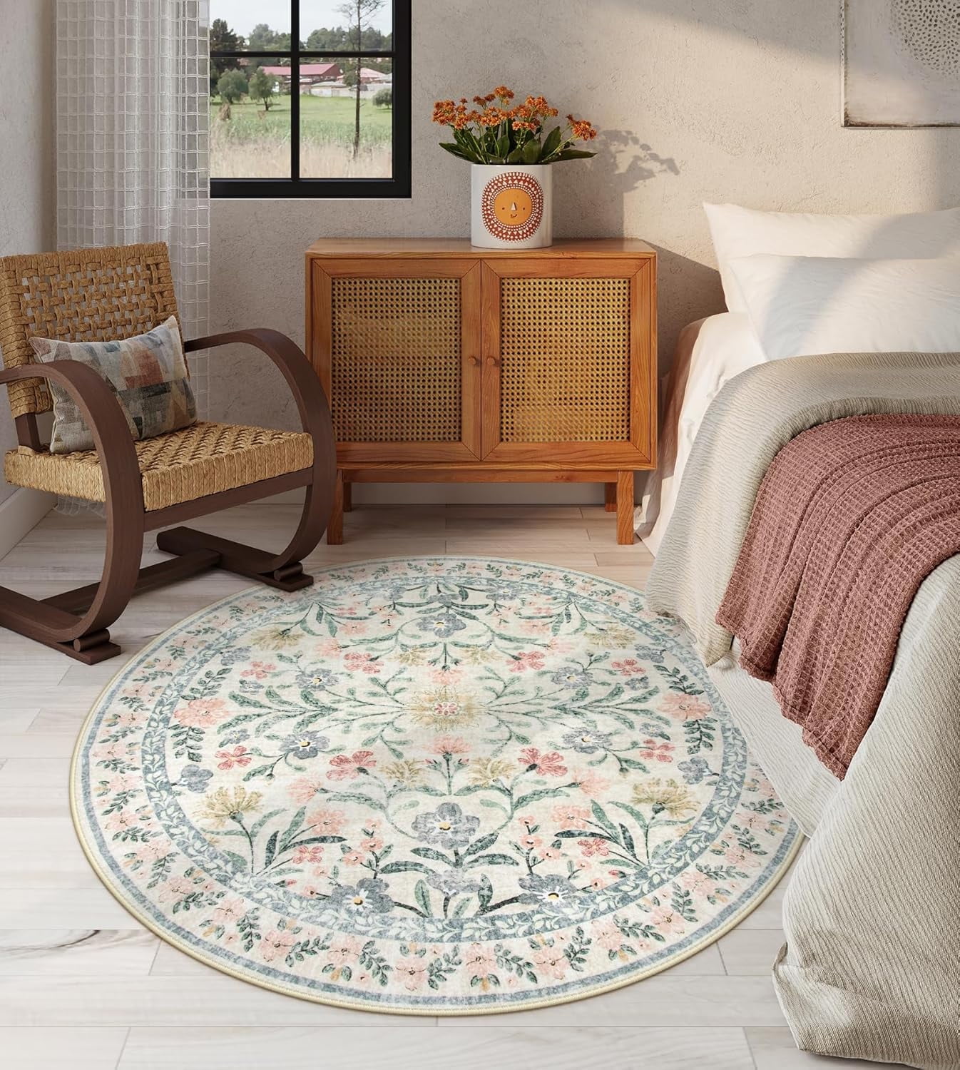 Moynesa 6'Round Boho Light Beige Rug, Washable Small Circle Rugs for ...