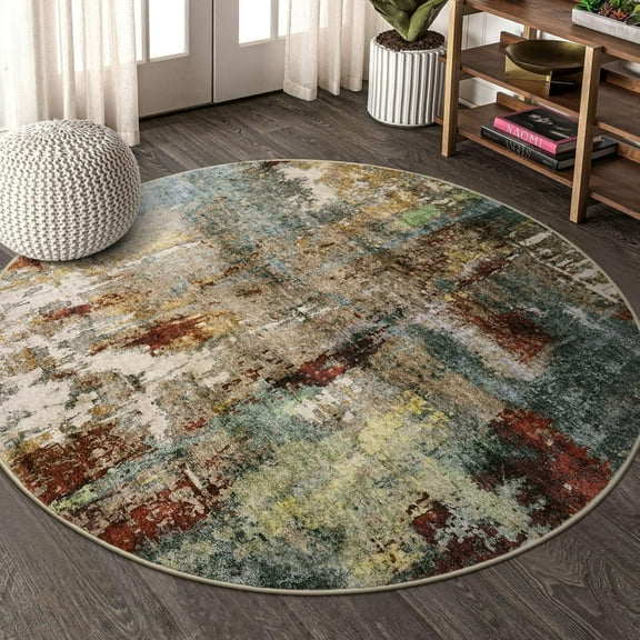 Moynesa 6'Round Modern Abstract Round Rug,Red Kitchen Rugs Soft Bedroom Circle Rugs Washable Living Room Mat, Contemporary Large Indoor Office Carpet for Mudroom Kitchen Apartment Basement