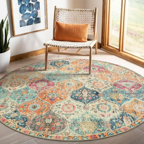 Moynesa 6'Round Moroccan Trellis Washable Rug - Round Rug 6ft Soft Non-Slip Circle Area Rugs for Bedroom Non-Shedding Distressed Throw Carpet for Living Room Bathroom Nursery Kitchen Cream