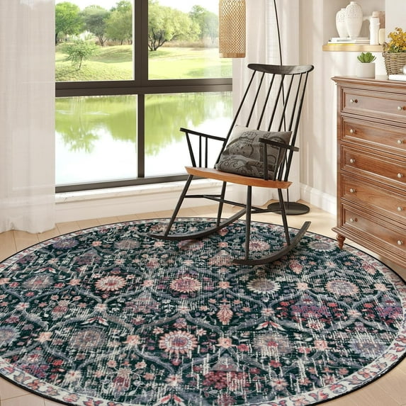 Moynesa 6'Round Moroccan Trellis Washable Rug - Round Rug 6ft Soft Non-Slip Circle Area Rugs for Bedroom Non-Shedding Distressed Throw Carpet for Living Room Bathroom Nursery Kitchen Black