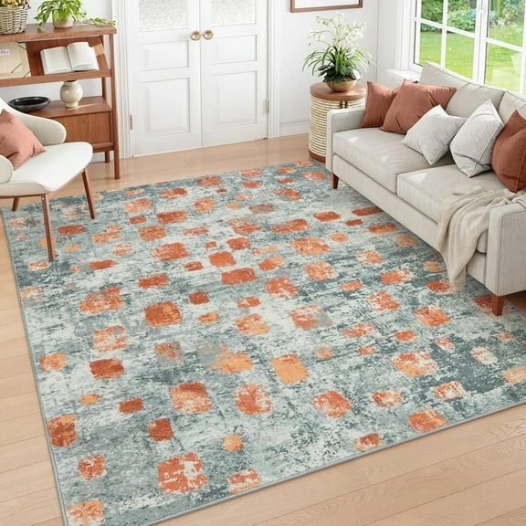 Moynesa 6'x9' Abstract Area Rugs, Washable Large Rug for Bedroom Ultra-Thin Non Slip Boho Living Room Rugs, Stain Resistant Indoor Non-Shedding Throw Carpet for Dining Room Kitchen Office,Orange