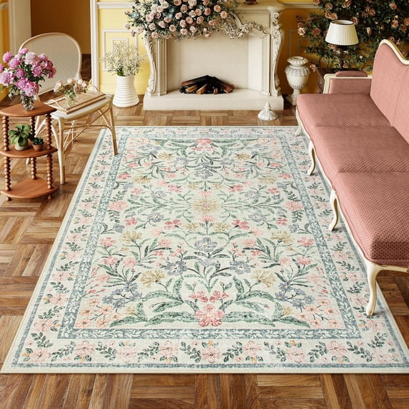 Moynesa 6'x9' Beige Washable Rugs for Bedroom, Boho Floral Living Room Rugs Non-Slip, Soft Low-Pile Carpet Rug for Dining Room Dorm,Beige