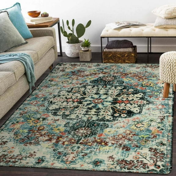Moynesa 6'x9' Bohemian Area Rug,6x9ft Large Boho Washable Bedroom Rug, Soft Non Slip Non-Shedding Kitchen Mat Indoor Office Carpet for Living Dining Playroom, Teal