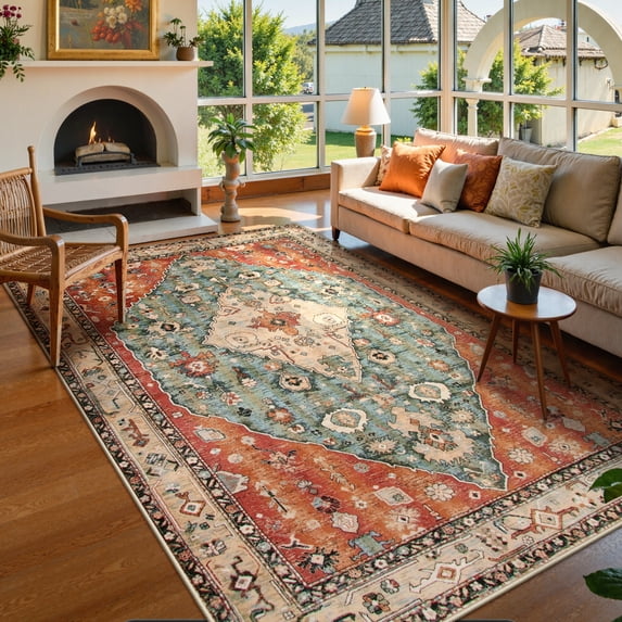 Moynesa 6'x9' Boho Tribal Area Rug, 6x9ft Large Washable Bedroom Rug, Soft Non Slip Non-Shedding Kitchen Mat Indoor Office Carpet for Living Dining, Red