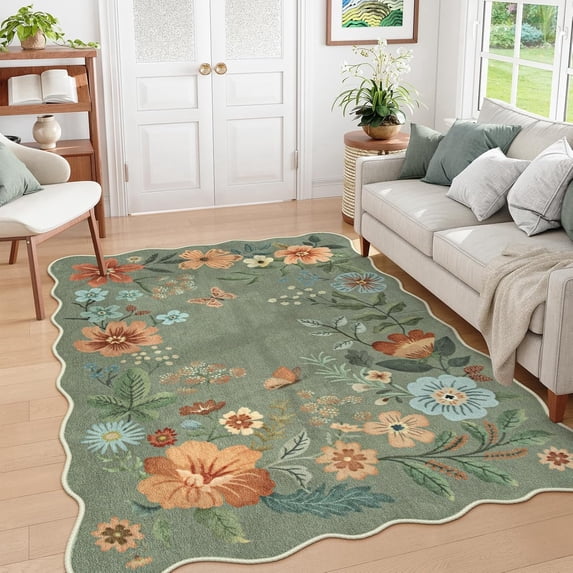 Moynesa 6'x9' Floral Washable Area Rugs, 6x9ft Soft Bedroom Large Rug for Living Room Ultra-Thin Non Slip Dining Room Rug, Stain Resistant Boho Green Rugs Easy Clean Throw Carpet for Office,Green