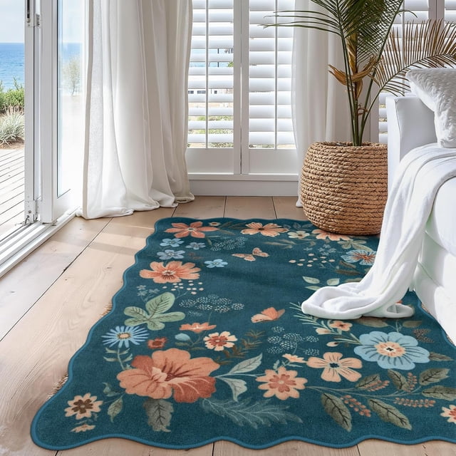 Moynesa 6'x9' Floral Washable Area Rugs, 6x9ft Soft Bedroom Large Rug for Living Room Ultra-Thin Non Slip Dining Room Rug, Stain Resistant Boho Rugs Easy Clean Throw Carpet for Office,Blue