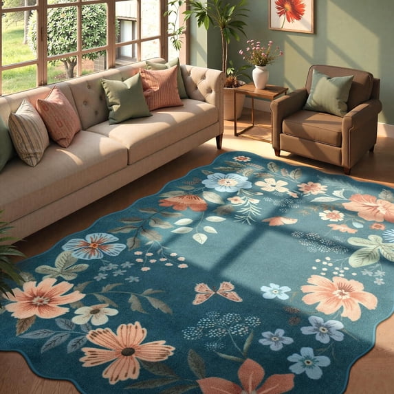 Moynesa 6'x9' Floral Washable Rugs, Scalloped Large Area Rug for Living Room Bedroom Ultra-Thin Non Slip Dining Room Rug, Stain Resistant Boho Rugs Throw Carpet for Office,Navy Blue