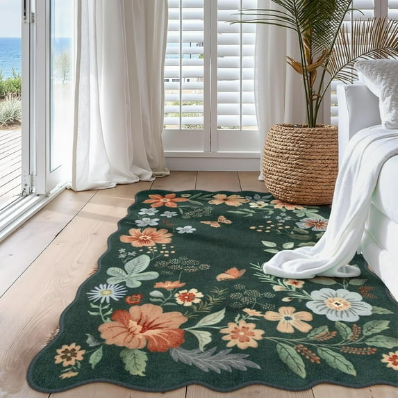 Moynesa 6'x9' Floral Washable Area Rugs, 6x9ft Soft Bedroom Large Rug for Living Room Ultra-Thin Non Slip Dining Room Rug, Stain Resistant Boho Rugs Easy Clean Throw Carpet for Office,Dark Green