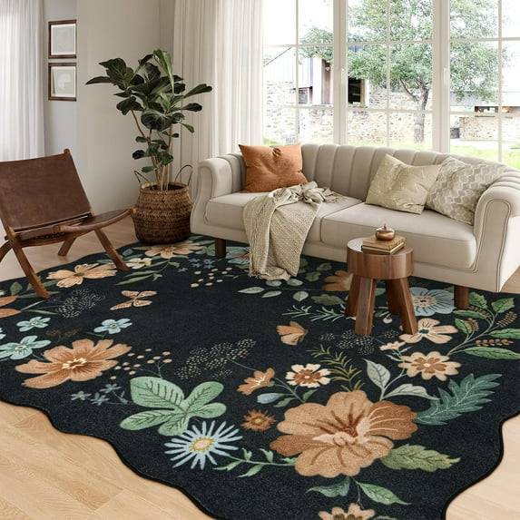 Moynesa 6'x9' Floral Washable Area Rugs, 6x9ft Soft Bedroom Large Rug for Living Room Ultra-Thin Non Slip Dining Room Rug, Stain Resistant Boho Rugs Easy Clean Throw Carpet for Office,Black
