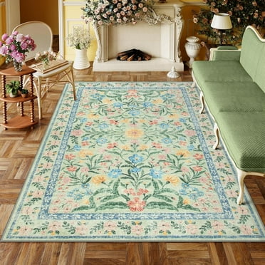 Moynesa 6'x9' Green Washable Rugs for Bedroom Girls, Boho Floral Living Room Rugs Non-Slip, Soft Low-Pile Nursery Carpet Rug for Dining Room Kids Room Dorm,Green