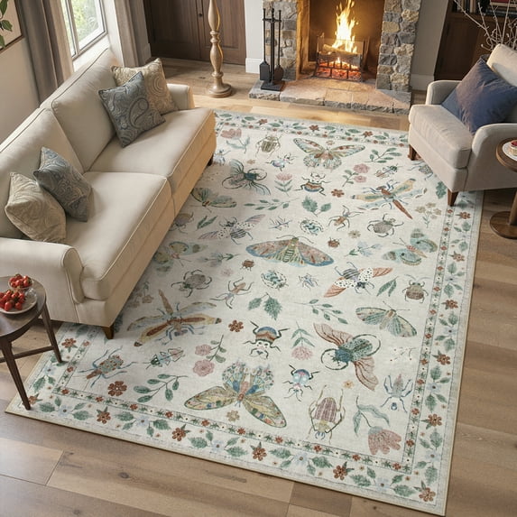 Moynesa Insect 6'x9' Area Rugs Washable Rug for Living Room Soft Natural Bedroom Rug Large Bug Accent Carpet for Dining Room Sunroom Playroom Stain Resistant Non Slip, Beige