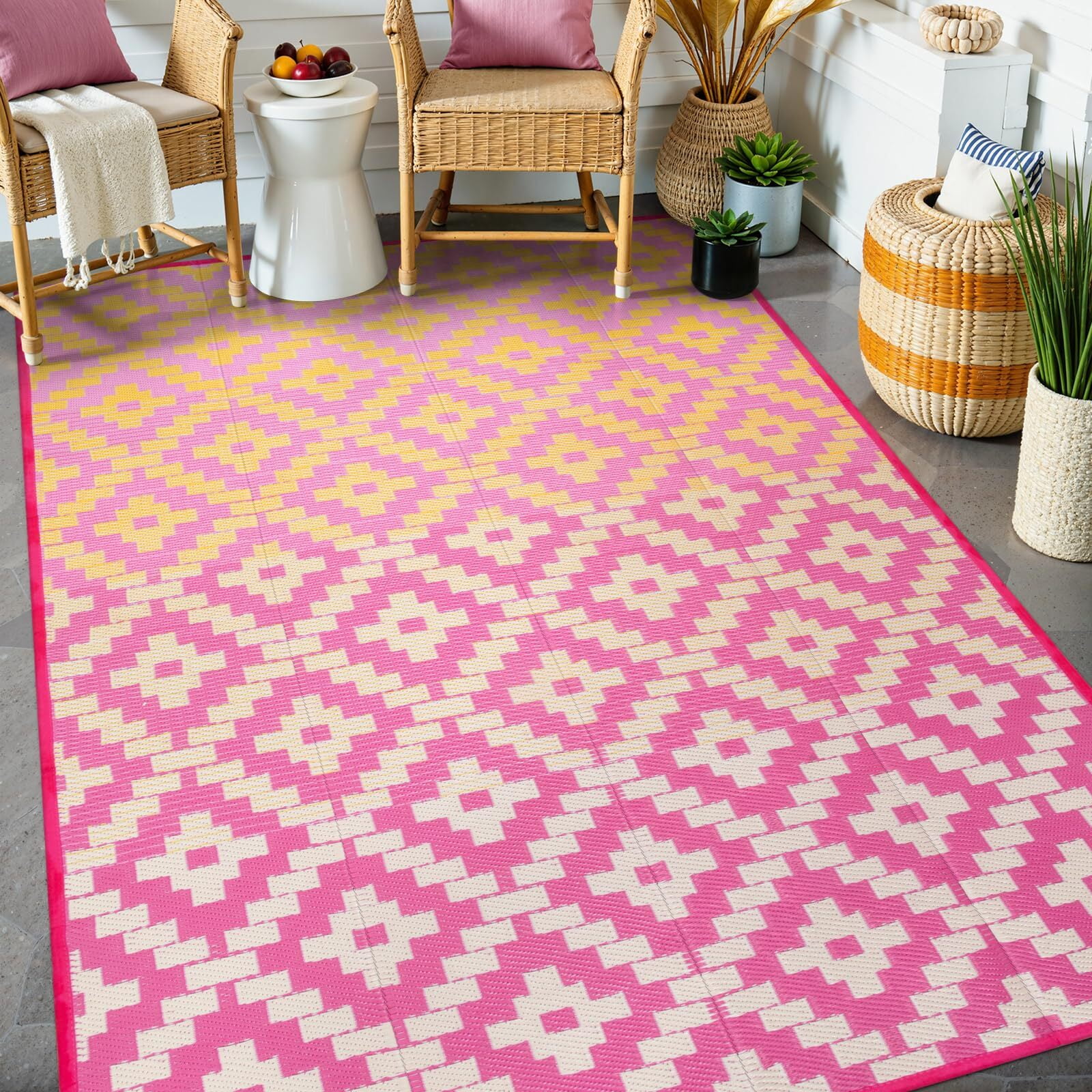 Walmart Coupons of Moynesa 6'x9' Outdoor Rug, Waterproof Patio Rug Reversible Indoor Outdoor Rug Lightweight Plastic Straw Rug for Camping RV Deck Porch Balcony Picnic Tent, Orange/Pink