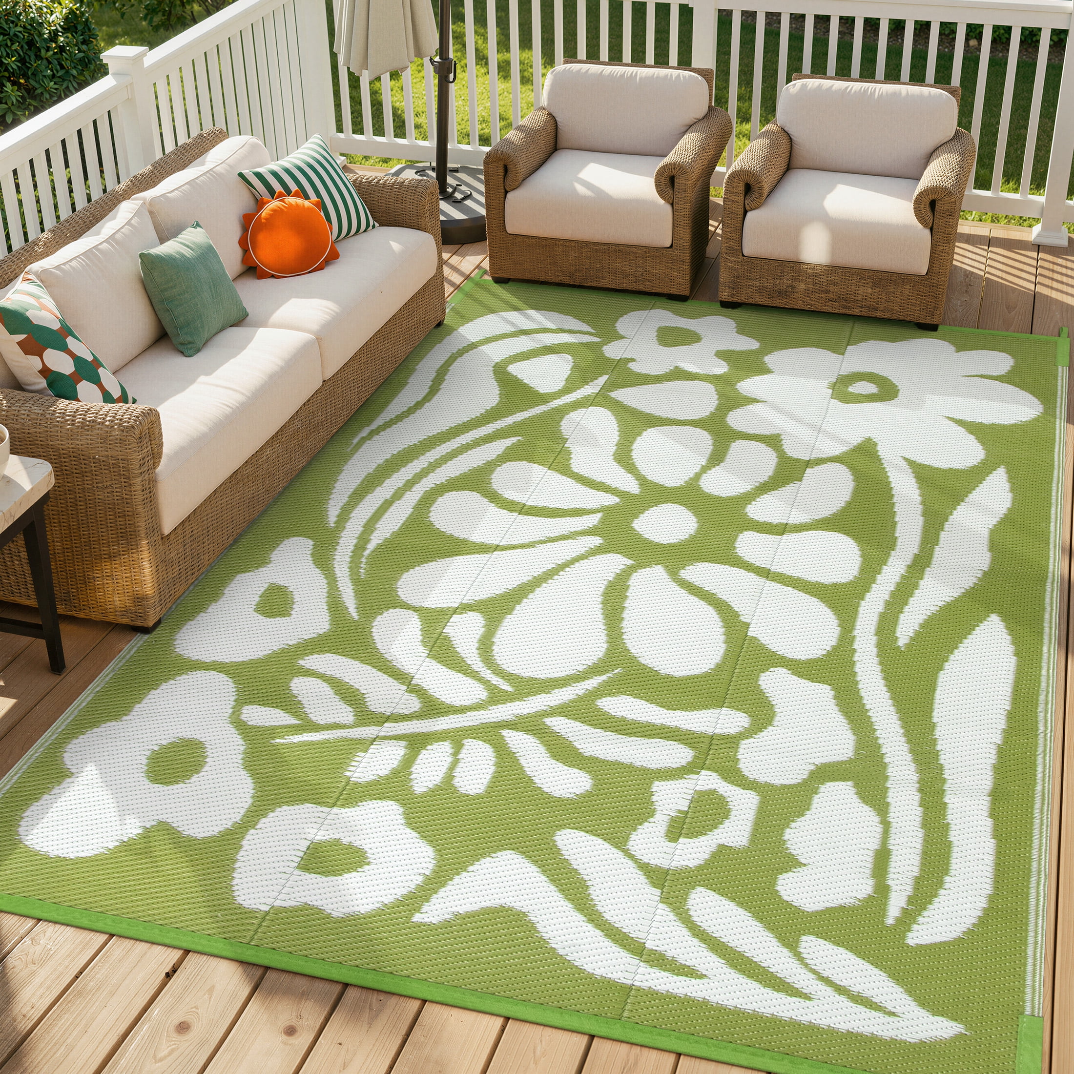 Moynesa 6'x9' Outdoor Rugs Waterproof, Plastic Straw RV Rugs for Outside, Large Portable RV Outdoor Rugs for Camping, Reversible Flower Picnic Mat for Camper Garden Tent