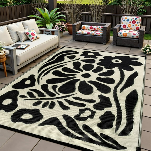 Moynesa 6'x9' Outdoor Rugs Waterproof, Plastic Straw RV Rugs for Outside, Large Portable RV Outdoor Rugs for Camping, Reversible Flower Picnic Mat for Camper Garden Tent