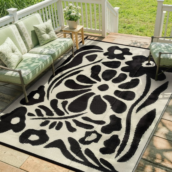 Moynesa 6'x9' Outdoor Rugs Waterproof, Plastic Straw RV Rugs for Outside, Large Portable RV Outdoor Rugs for Camping, Reversible Flower Picnic Mat for Camper Garden Tent