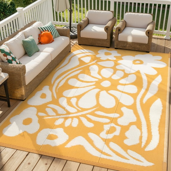 Moynesa 6'x9' Outdoor Rugs Waterproof, Plastic Straw RV Rugs for Outside, Large Portable RV Outdoor Rugs for Camping, Reversible Flower Picnic Mat for Camper Garden Tent