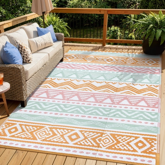 Moynesa Outdoor Rug Waterproof, 6'x9' Lightweight Plastic Straw Rug for Camping RV, Reversible Outside Carpet for Patio Deck Porch Balcony Picnic Tent, Pink/Orange