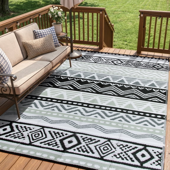 Moynesa Outdoor Rug Waterproof, 6'x9' Lightweight Plastic Straw Rug for Camping RV, Reversible Outside Carpet for Patio Deck Porch Balcony Picnic Tent, Black/Gray