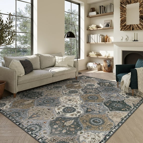 Moynesa 8'x10' Area Rug for Living Room Moroccan Ultra-Thin Machine Washable Carpet Non-Slip Bedroom Rug Non Shedding Accent Rug for Dining Room Office,Grey