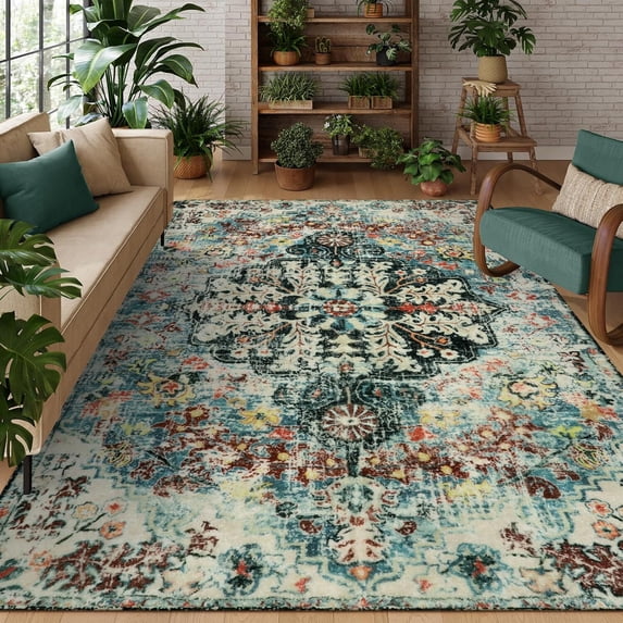 Moynesa 8'x10' Bohemian Area Rug, 8x10ft Large Boho Washable Bedroom Rug, Soft Non Slip Non-Shedding Kitchen Mat Indoor Office Carpet for Living Room Dining Room, Teal