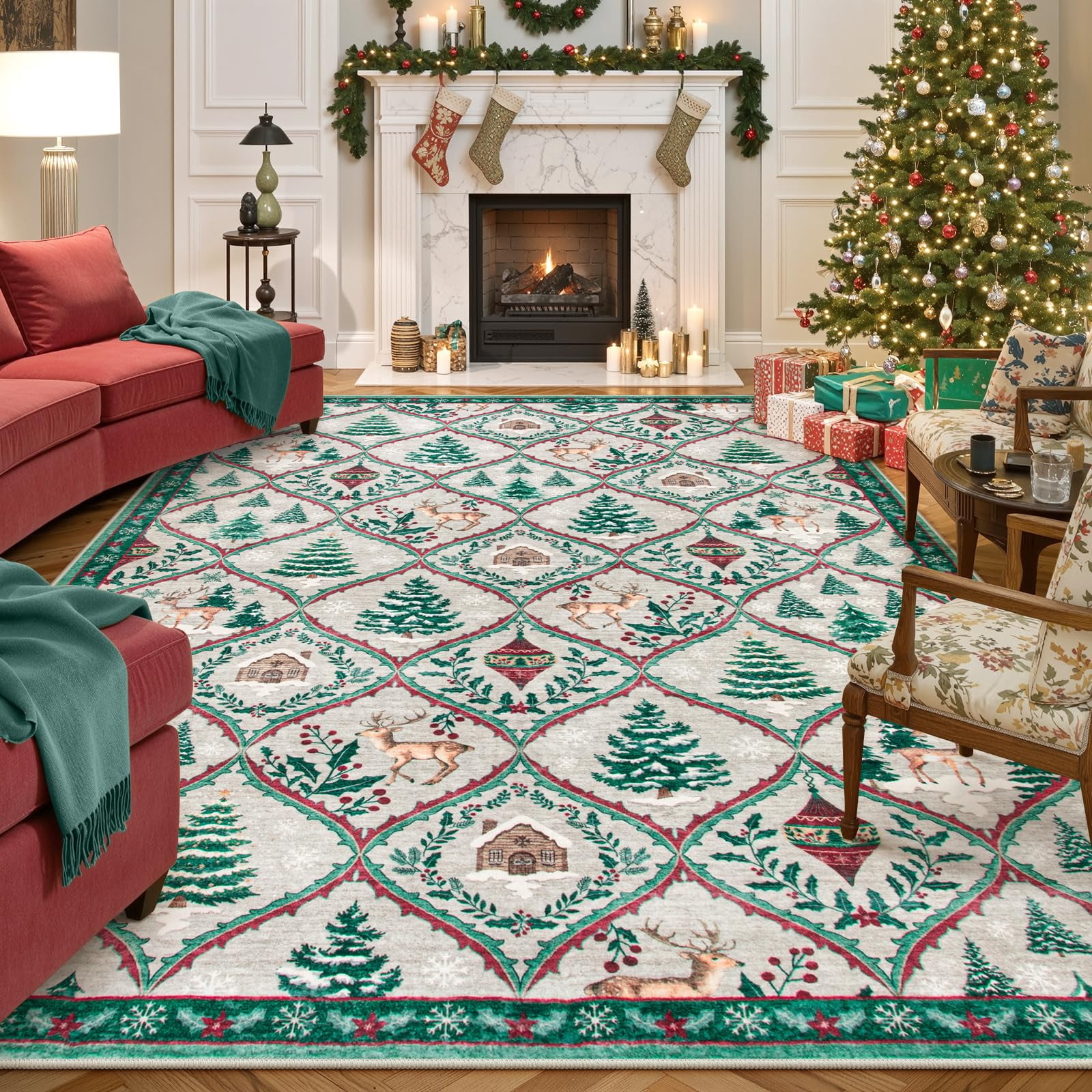 Moynesa 8'x10' Christmas Area Rug for Living Room,Cream Large Rug Xmas Tree Modern Rug Kitchen Rug Washable Rug Non Slip Moroccan Carpet Holiday Decor Soft Accent Rug for Bedroom Dining Room