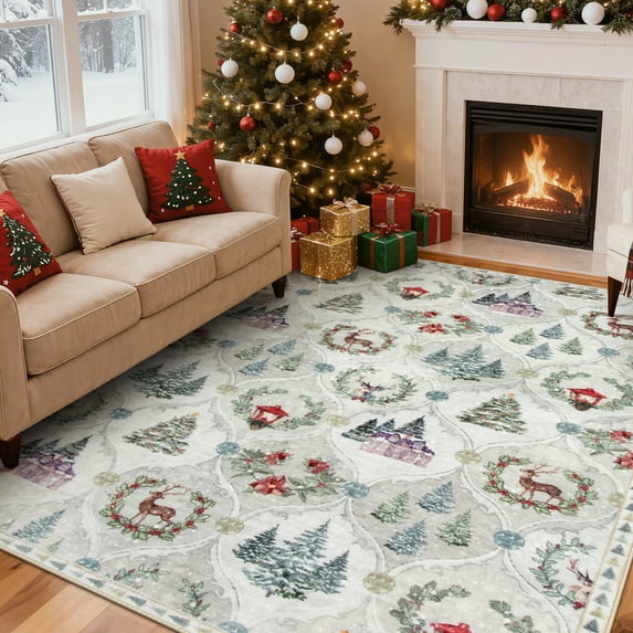 Moynesa 8'x10' Christmas Area Rug for Living Room, Large Rug Xmas Tree Modern Rug Kitchen Rug Washable Rug Non Slip Moroccan Carpet Holiday Decor Soft Accent Rug for Bedroom Dining Room, Beige