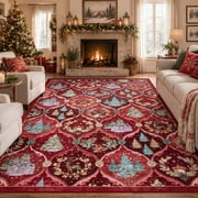 Moynesa 8x10 Christmas Rug, Washable Large Christmas Area Rugs for Living Room, Soft Non Slip Moroccan Geometric Carpet Xmas Tree Accent Rug for Bedroom Dining Room Winter Holiday Decor, Red
