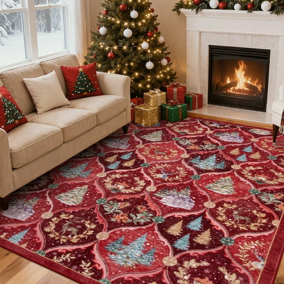 Moynesa 8'x10' Christmas Area Rug for Living Room, Large Rug Xmas Tree Modern Rug Kitchen Rug Washable Rug Non Slip Moroccan Carpet Holiday Decor Soft Accent Rug for Bedroom Dining Room, Red