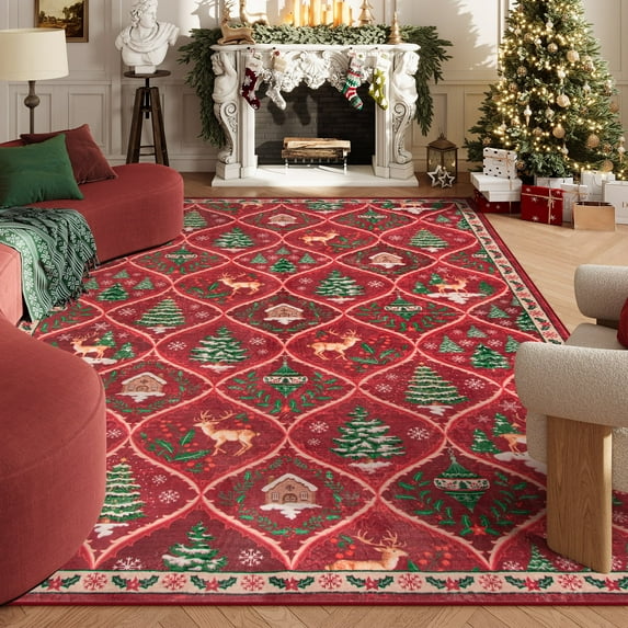 Moynesa 8'x10' Christmas Area Rug for Living Room,Red Large Rug Xmas Tree Modern Rug Kitchen Rug Washable Rug Non Slip Moroccan Carpet Holiday Decor Soft Accent Rug for Bedroom Dining Room