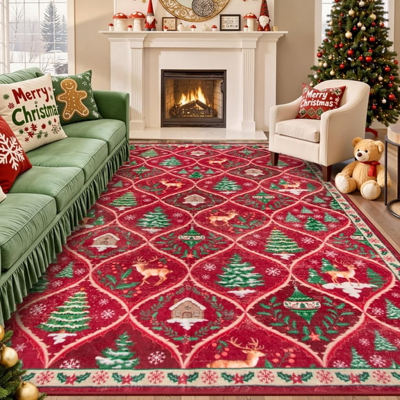 Moynesa 8'x10' Christmas Area Rug for Living Room,Red Large Rug Xmas Tree Modern Rug Kitchen Rug Washable Rug Non Slip Moroccan Carpet Holiday Decor Soft Accent Rug for Bedroom Dining Room